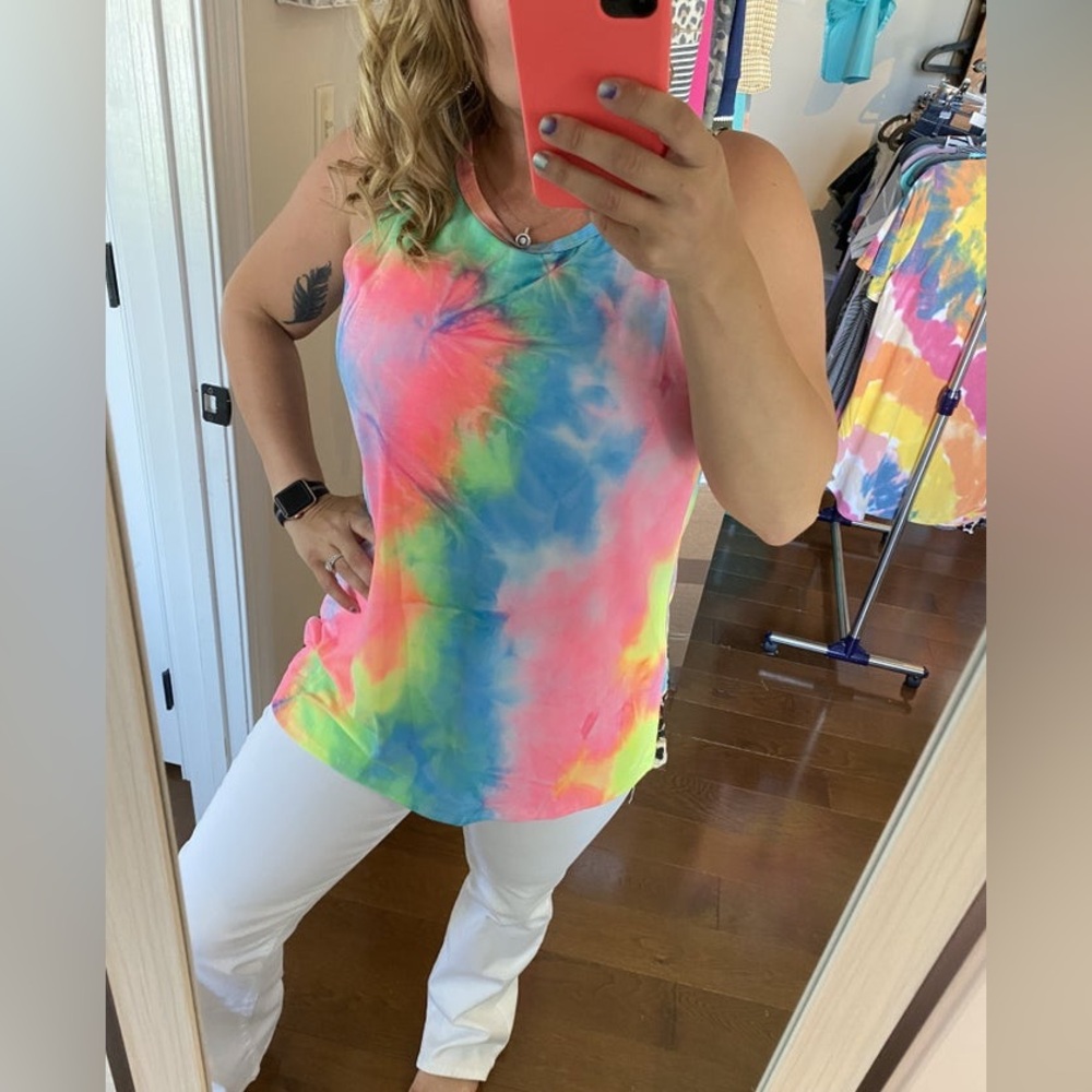 NWT Heimish neon tie die leopard open back tank top